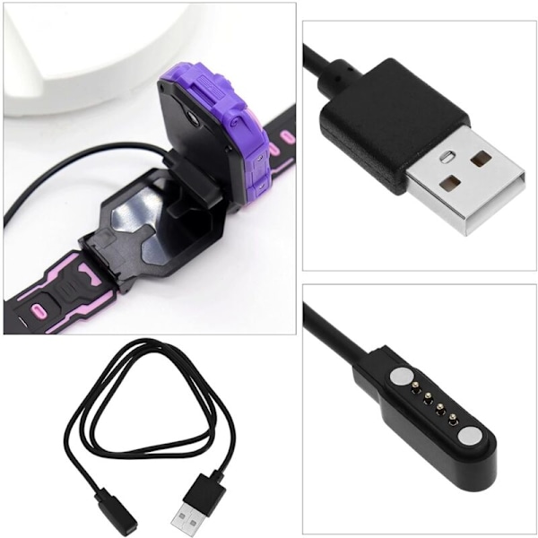 2-pack USB till 4-pin magnetisk laddningskabel för smartklocka, fitness tracker, kontaktkabel 7,62 mm pinnavstånd 60 cm längd svart