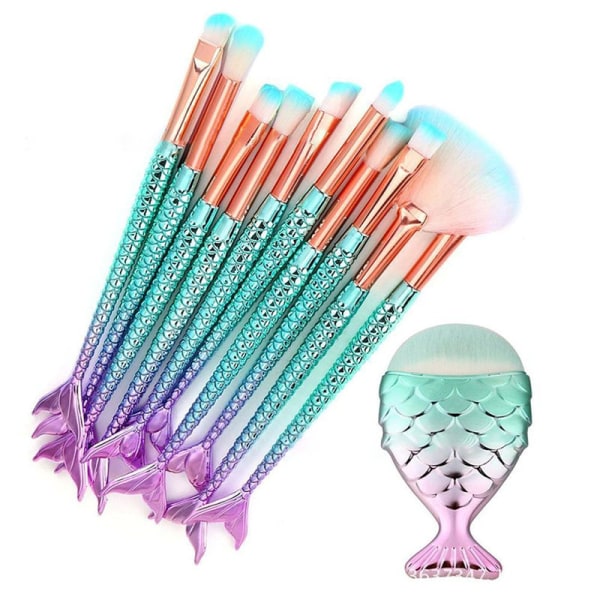 11 stykker farge fiskehalehåndtak makeup børste sett, foundation make-
