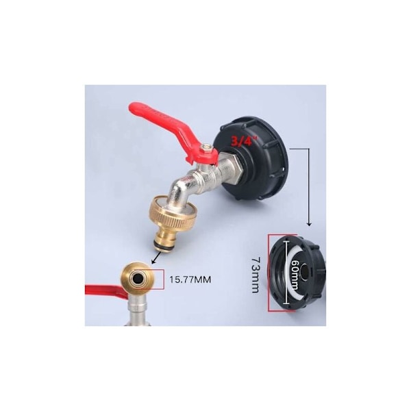 IBC 1000L tankkran IBC vannsamlingsventil, 1/2 \"IBC 1/2\" tankadapter dobbel vannsamlingskran, messingkran i pp grov gjenge 60 mm (3/4)