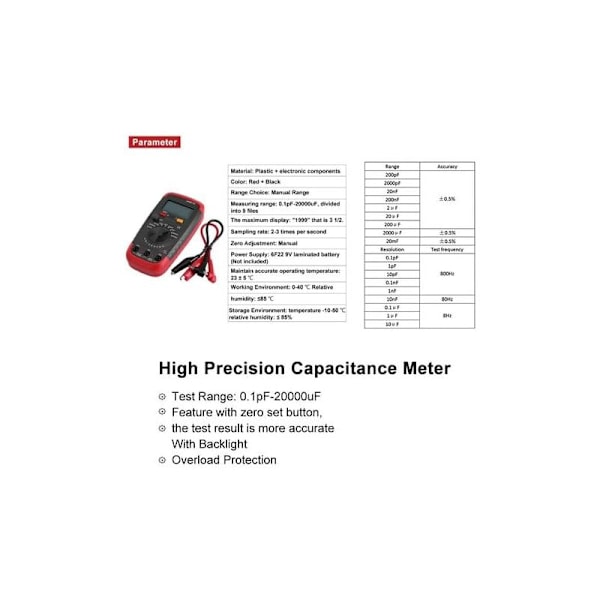 Professionel Kapacitansmåler, Digital Kondensatortester 0.1pF - 20000uF med Kapacitansmåler med LCD-baggrundsbelysning og Beskyttelseskappe Max 1999