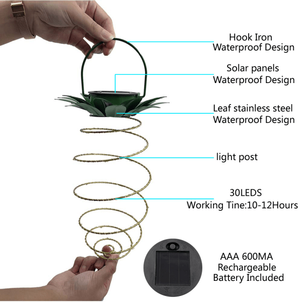 Sæt med 2 ananas solcellelamper til udendørs brug, vandtætte hængende solcellelamper (24 LED)