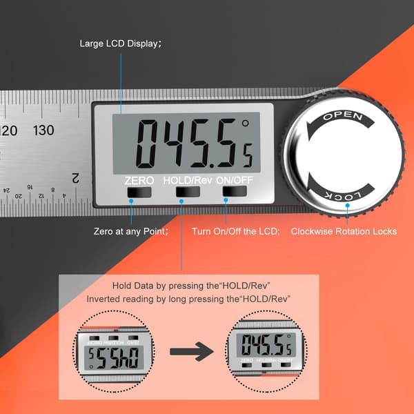 200mm Digital Vinkelmåler 0-360° Digital Inclinometer Rustfritt Stål