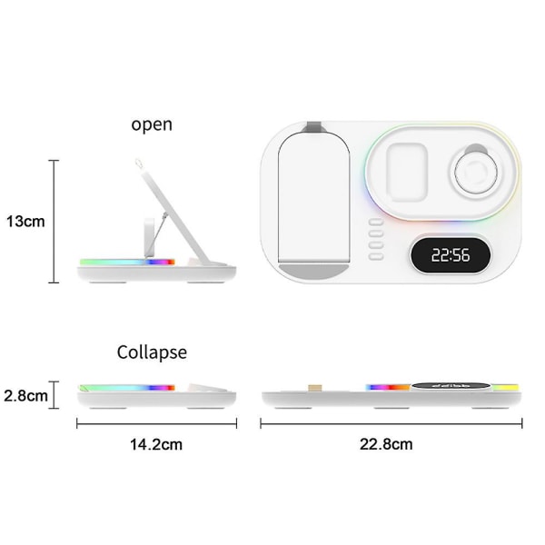 Trådløs lader med digital klokke ladestasjon kompatibel med hurtigladingstativ for Iphone-serien, Apple Watch-serien, Airpods-serien