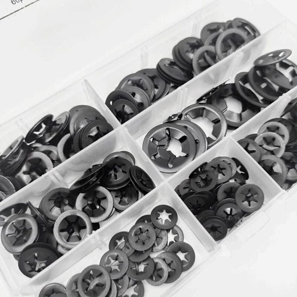 Sett med 340 låseringer M3/M4/M5/M6/M8/M10/M12 med Starlock-tenner, strammende rastehaker, svart sortiment