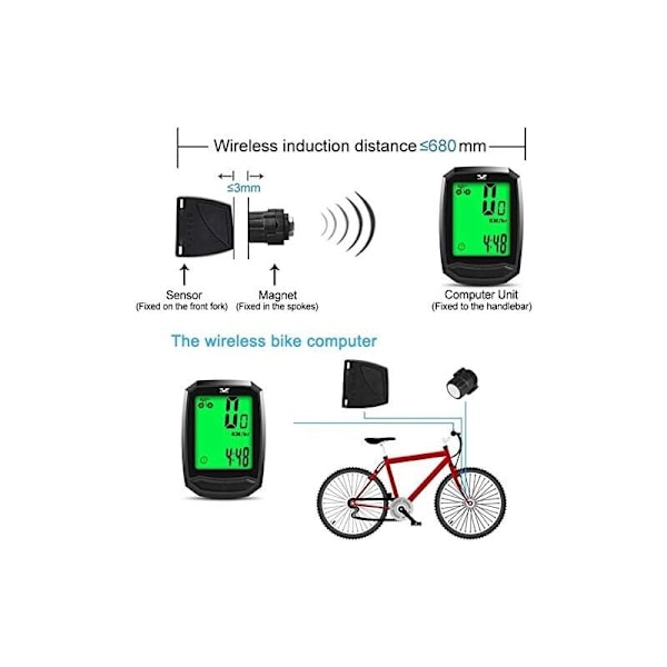 Vandtæt og trådløs cykelcomputer til racercykel, cykelcomputer, kilometertæller med LCD-skærm og flere funktioner