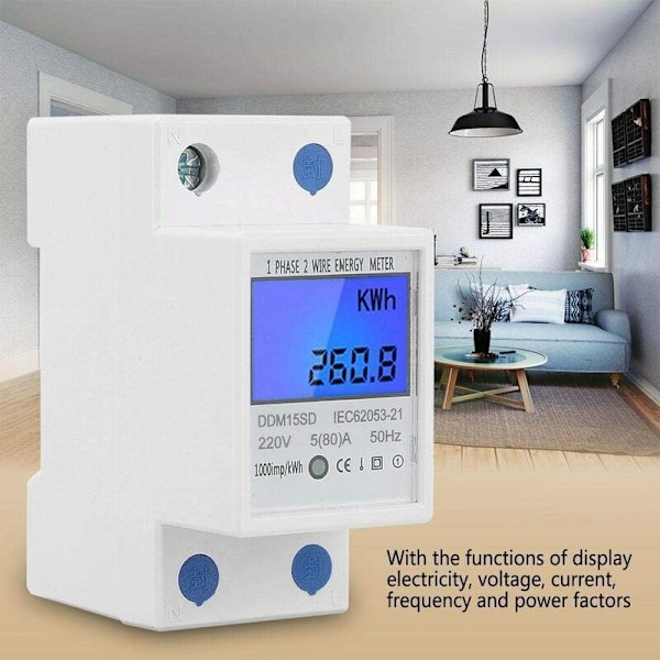 DDM15SD 5-80A Enfas KWh Elektronisk Energimätare med LCD Bakgrundsbelysning Digital Display