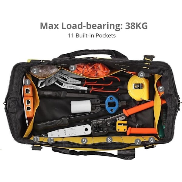 Værktøjstaske på 45,7 cm, vandtæt og rivefast, 45 x 26 x 25 cm, værktøjsopbevaringsorganisator, maksimal belastning på 38 kg, bred åbning med justerbar s