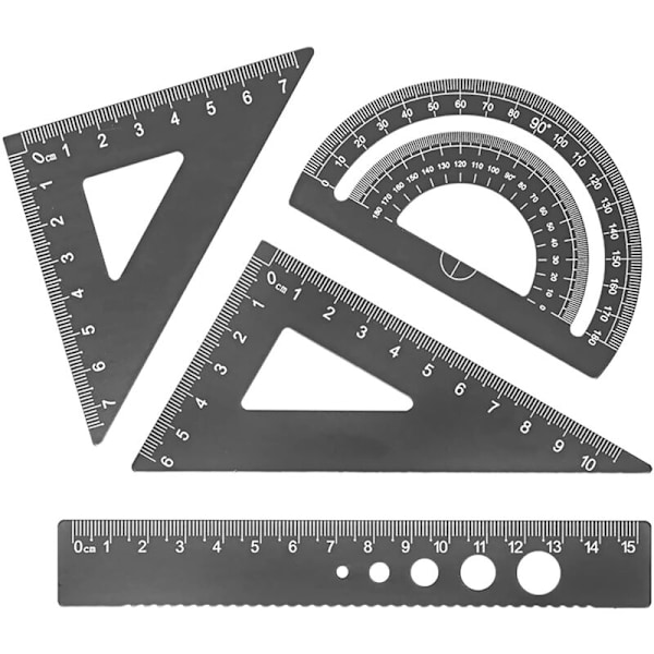 (Sort) Firkantet skolesæt med vinkelmåler, opbevaringsboks, matematiske geometrilinialer i aluminiumslegering, reguleret matematisk skrivemateriale