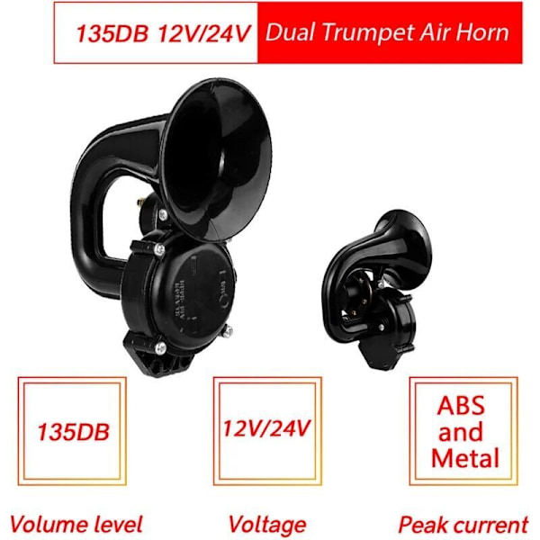 135dB Starkt Horn 12/24V Lastbil Superhögt Trumpet Signalhorn med Elektrisk Ventil Platt Bil Fordon Lastbilar - Le Noir