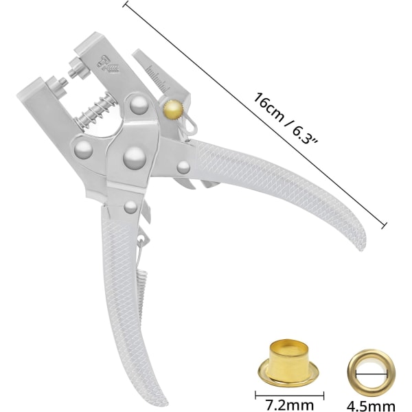 Öglethålsslagssats med 100 öljetter - 16 cm/6,3 tum bälteshålverktyg - 7,2 mm guldmetallöljetter - Tångslagssats för tyg, kläder, skor, väskor