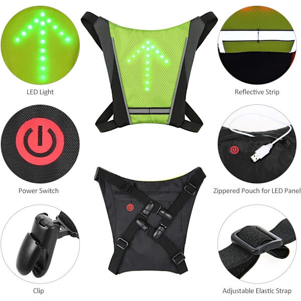 Reflekterende cykelvest, refleksrygsækclips, USB-genopladelig med LED-blinklys fjernbetjening sikkerhedsudstyr
