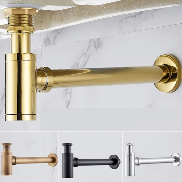Vattenlås för diskho i rostfritt stål, universell Sifon Design 1 1/4 x 32mm, justerbar anti-lukt för handfat och diskho, borstad guld