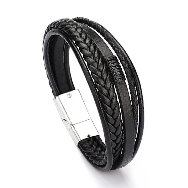 Fashion Läder Armband Män Rostfritt Stål Flerskikts Flätad Rep Armband Män Kvinnor Armband Smycken（Svart läder silver spänne）