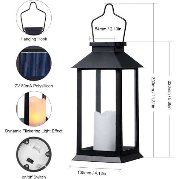 Solcellelykt med flammefrie LED-lys for hage, dekorativ hengende lykt for bord, hage, fest, sett med 2, svart