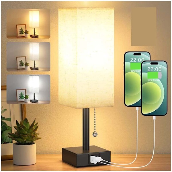 Yöpöytälamppu - Himmennettävä yöpöytälamppu 3 värillä (3000/4000/5000K) USB-A+C -latausporteilla LED-polttimo vetoketjukytkimellä makuuhuoneeseen olohuoneeseen toimistoon K