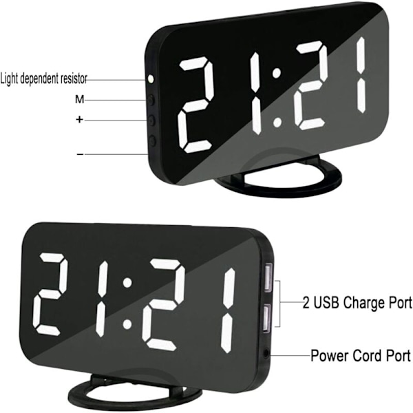 Digital väckarklocka, Spegelyta klocka 6.2in LED-display med två USB-portar, automatiskt dimmerläge, skrivbords väggklocka med snooze-funktion