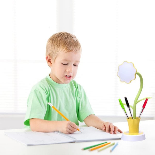 Børne skrivebordslampe (gul), kreativ genopladelig LED skrivebordslampe øjenbeskyttelse touch sensor bordlampe dæmpbar sengebordslampe med penneholder