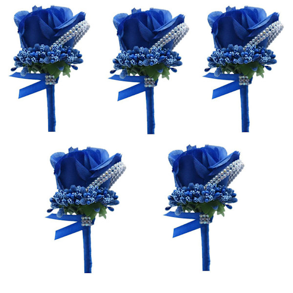 5 stk. Kunstige Blomster Mænd Boutonniere Håndlavet Silke Rose Mænd Corsage til Bryllup Fest Prom Bryllup Tilbehør Dekoration (Royal Blue)