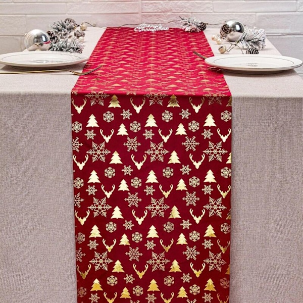 Juldekorationer Bordslöpare Jul Älg Sammet Guld Varm Polyester Bomull Bordsflagga Nyår Tryckt Julhelger Samling Bord