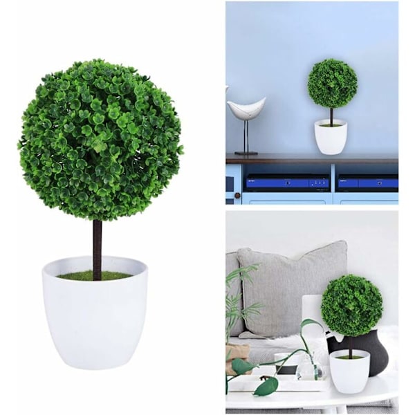 Sett med 2 små kunstige blomsterpotter i form av et topiary, i hvit keramikk