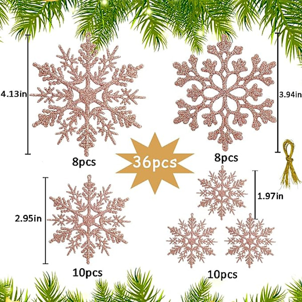 36 stk hvite snøfnugg ornamenter i plast med glitter for vinter og juletrepynt i forskjellige størrelser (r