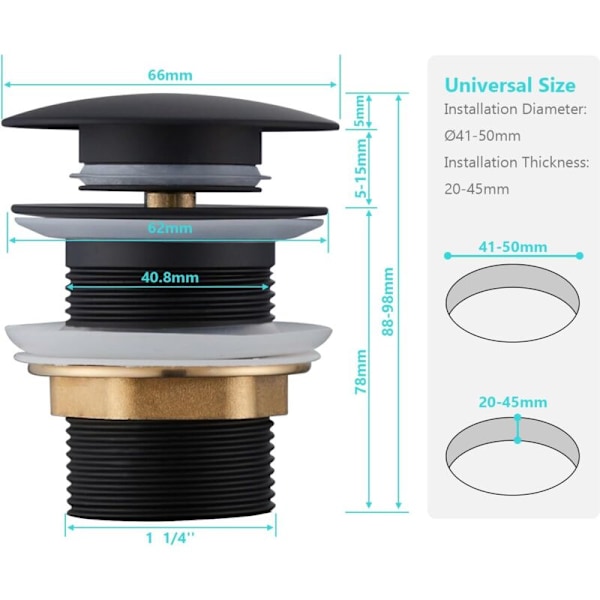Vaskepropp uten overløp, Ulytid Click Clack baderomsvaskpropp, Universal Standard-G 1 ¼, Matt svart finish