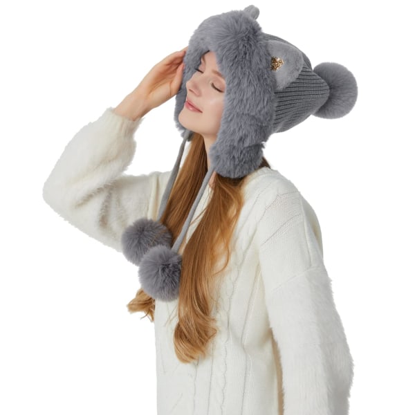 Dam vinter söt peruansk Gael-Ear Beanie Earmuffs Sherpa Snow Hat stickad fleecefodrad 3 Pom Poms, grå