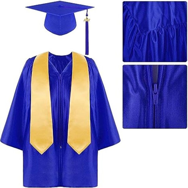 Graduation kjole og hue sæt lange kvaster hatte unisex propel hat graduation outfit tilbehør kostume til barn Blå