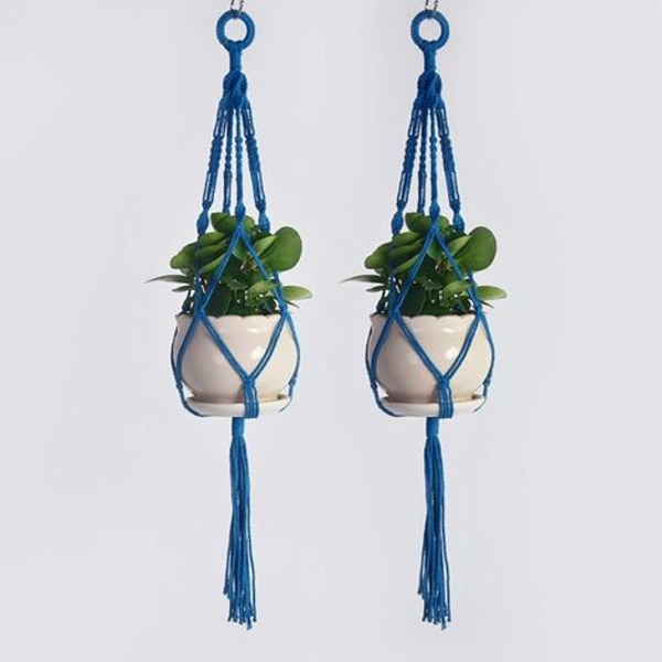 Set med 2 Macrame-växtupphängningar, handgjorda bomullsrepshängande krukor, blomkrukahållare, inomhusväxthängare blå