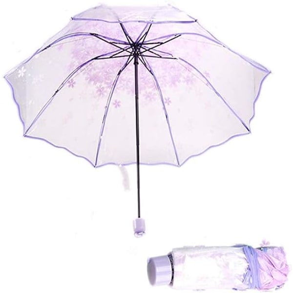 Transparent hopfällbart paraply (lila) Körsbärsblomma Transparent paraply, Transparent regnsäkert hopfällbart paraply, Lätt vindtätt kompakt paraply