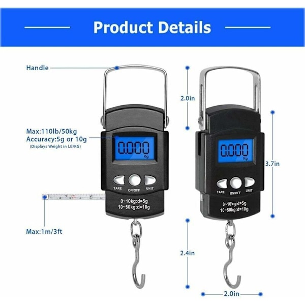 Elektroninen matkatavara, LCD Digitaalinen Kannettava Elektroninen Kalastusvaaka Punnitsee Digitaalisen Matkalaukun Painon Matkalla (Max: 50 kg) koukulla + mittanauhalla (10
