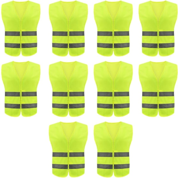 Set med 10 varselvästar med hög synlighet för trafikarbete, löpning, lantmätare och säkerhetsvakt - byggväst med 2 reflexband.