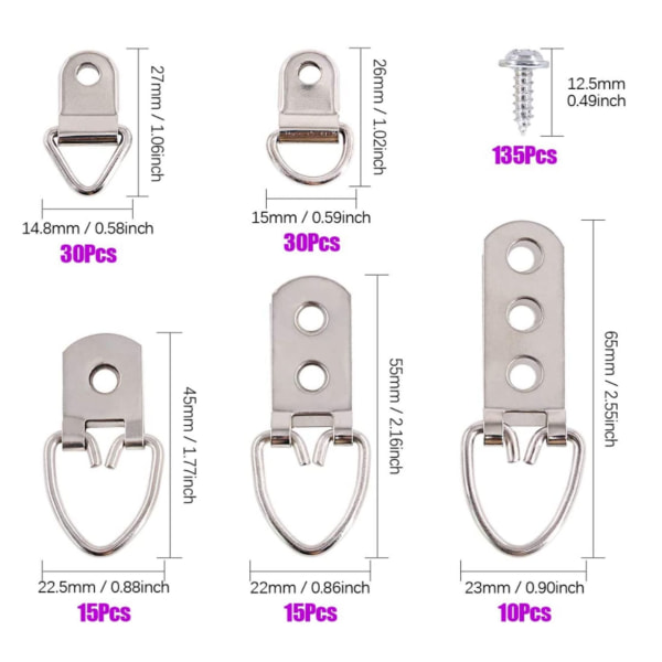 415 stk 7 mønstre Bildeopphengsett Rustfritt stål Rammefeste Bildeopphengskroker Bildehengende Speilkroker Assorterte Bildeveggkroker