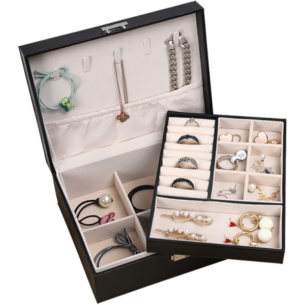 Stor smykkebeholder i læder med to skærme til øreringe, armbånd, ringe og ure - sort