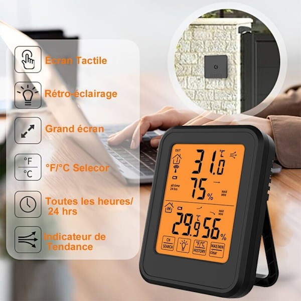 Digital hygrometertermometer, inomhus- och utomhushygrometertermometer med trådlös utomhussensor, svart