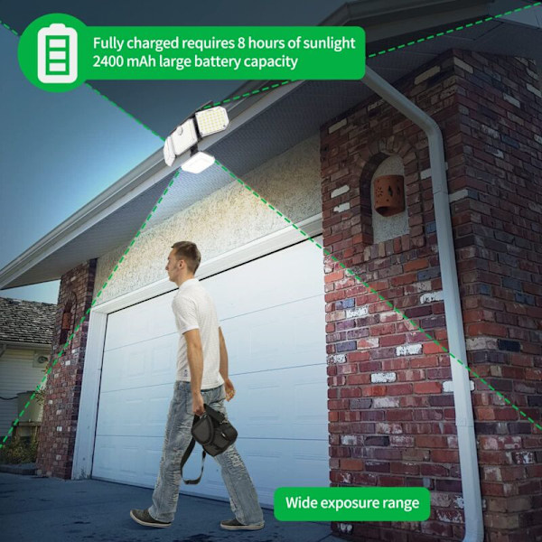 ATUPEN 210 LED 2500 LM aurinkolamput liiketunnistimella ja kaukosäätimellä, 3 LED-turvapäätä, vedenpitävä IP65, 270° laajakulmainen seinävalaisin 3 m johdolla