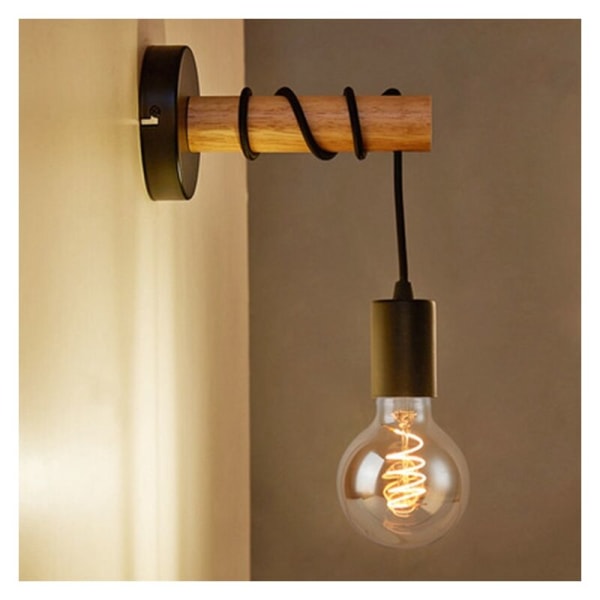 væglampe, retro industrielt design, træ  metal, stue  soveværelse belysning, E27 fatning, til 10W max LED pære, sort