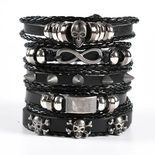 5 stk. sort flettet læderarmbånd til mænd og kvinder Punk Skull Armbånd Rock