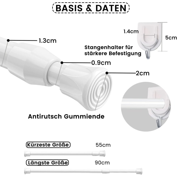 Set med 3 Utdragbara Stänger Utan Borrning, Metall Självlåsande Stång, Utdragbar Klämstav, Längd 55-90 cm, Vit