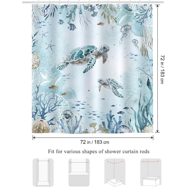 Duschdraperi med Havssköldpadda Blå Ocean Sjögräs Baddraperi Polyestertyg Anti-mögel Vattentätt Tvättbart Badrumsdraperi 180 x 180 cm med 12 Krokar f