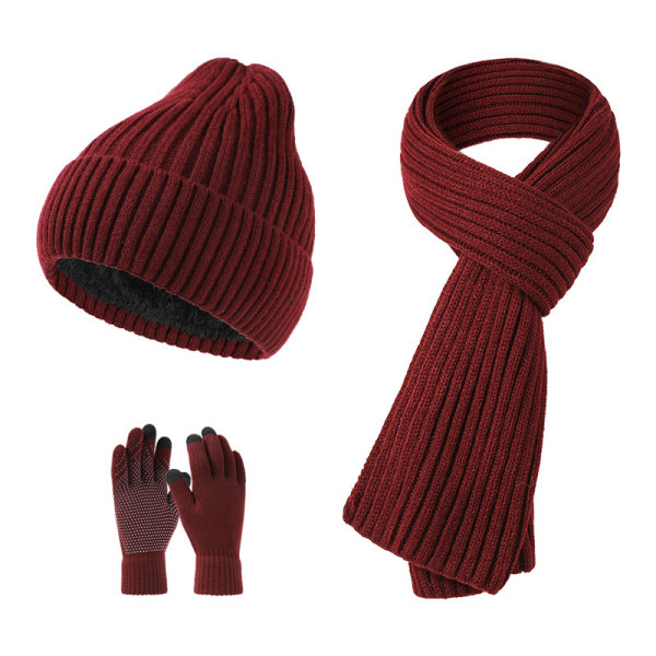 Hat, tørklæde og handsker strikket tredelt sæt, fortykket og varmt