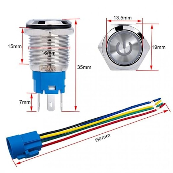 2kpl 16mm 12V/24V 5A Itselukittuva Painonappikytkin Ruostumaton teräs IP65 Vedenpitävä Esijohdotetulla Liittimellä (Punainen LED)