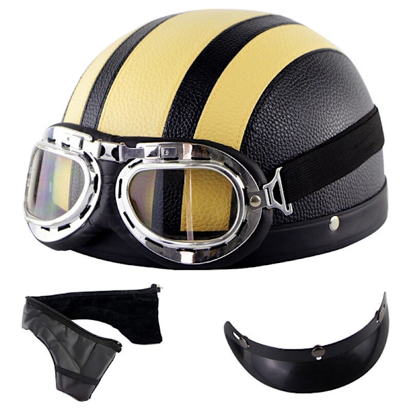 Svart og gul halv-casque vintage motorsykkelhjelm i lær med briller