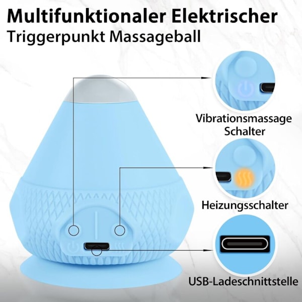 Massageboll, elektrisk massageboll med sugkopp, med vibration och varm kompress, trigger självbetjäningspunkter för rygg, nacke, ben, fot etc (blå)