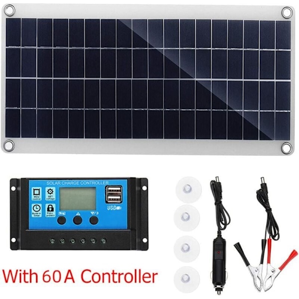 30W 12V Solcellepanelsett Solcellepanel Batterilader med 60A Solcelleladeregulator for Bobil Yacht Utendørs Hagebelysning