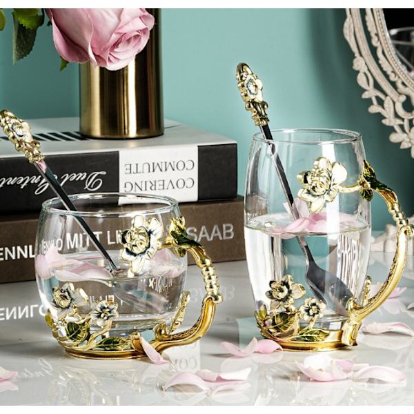 Glas emaljekrus - Den bedste fødselsdagsgave til kvinder - Sort te-kop med ske - Kvindernes gave til hende - Mors dag - Valentinsdag - 370ml-330ml