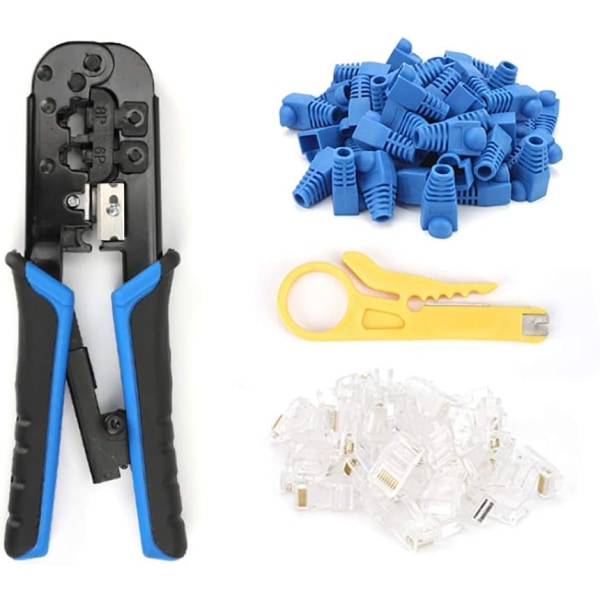 RJ45 Ethernet-krimper, 8P/6P-RJ11 nettverkskabelkrimper, RJ12 skrallekrimper kutter stripper blå