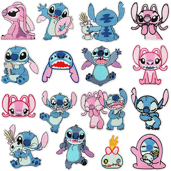 16 stk. stryge-på-patches Stitch Cartoon Stitch Patches broderet applikationskit, stryge-på eller sy-på applikation til børns DIY-håndværk, patches til børn