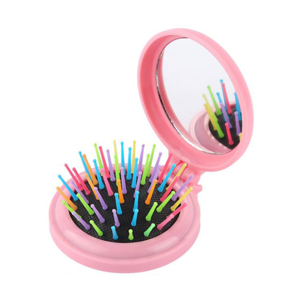 5 stk. (Pink+Blå+Gul+Grøn+Lilla) Foldbar Rejse Spejl Hårkam, Mini Massage Kam med Makeup Spejl, Rund Lomme Hårbørste