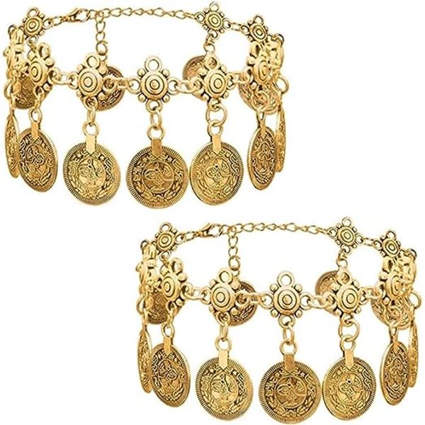 2 st kvinnors strandankelkedjor (guld) tribal mynt tofsar gypsy anklet justerbar bohemisk anklet smycken